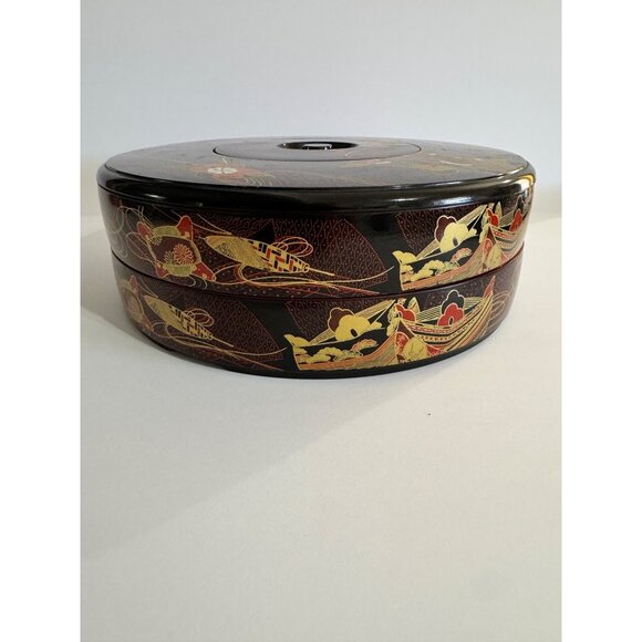 Japanese Lacquer Round Bento Box XL 5 Plates Sushi Treat Box - Picture 16 of 16